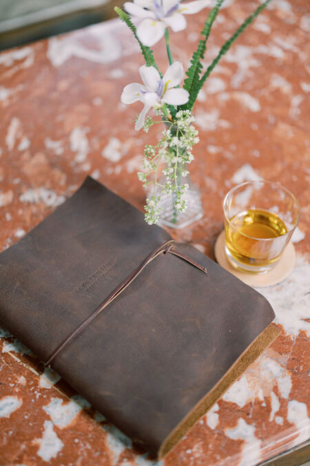 Details of florals at guest sign in table at Parker Ranch